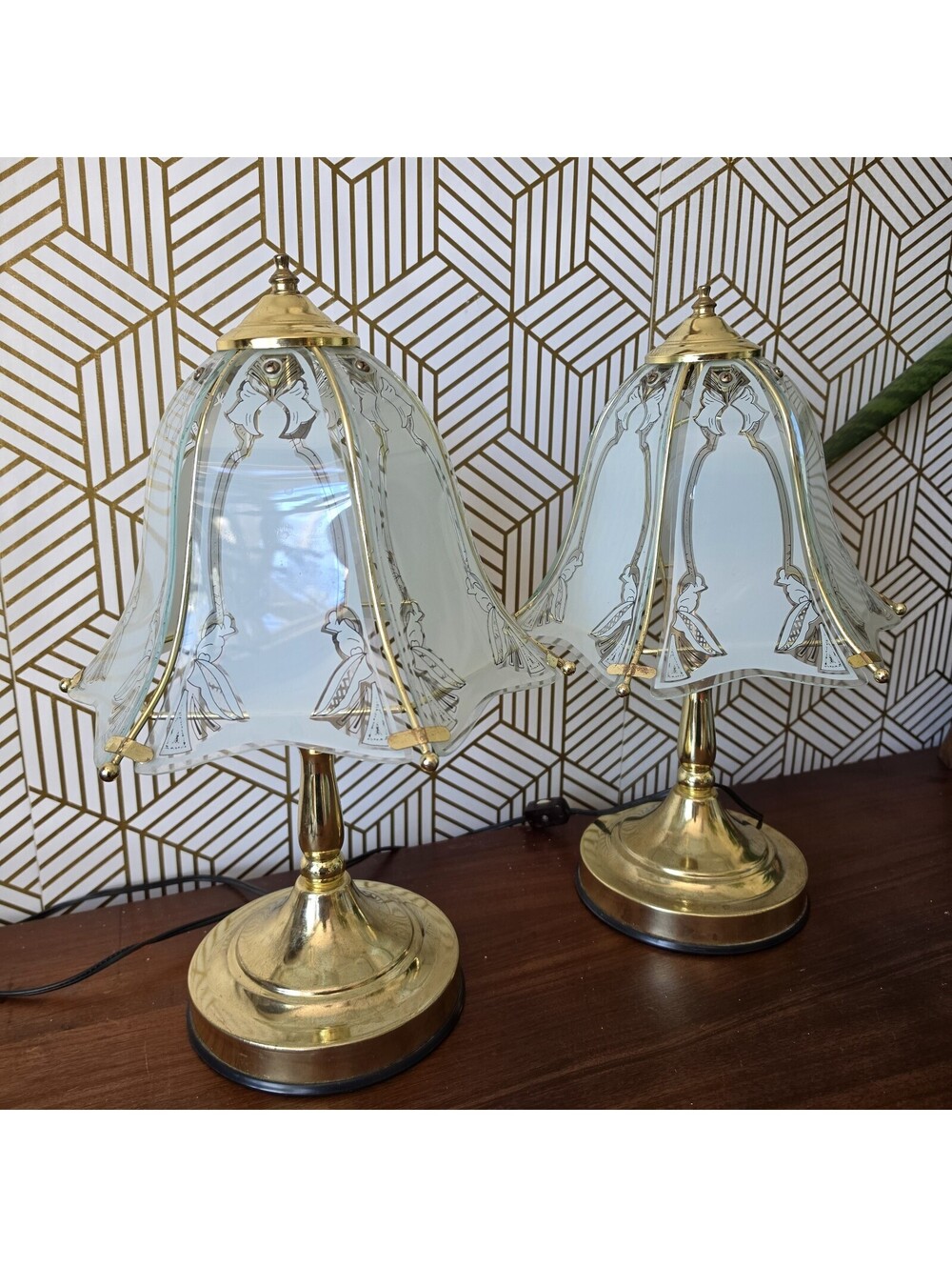 Vintage Petite Brass & Glass Paneled Shade Table Light Bedside Accent Lamp Pair